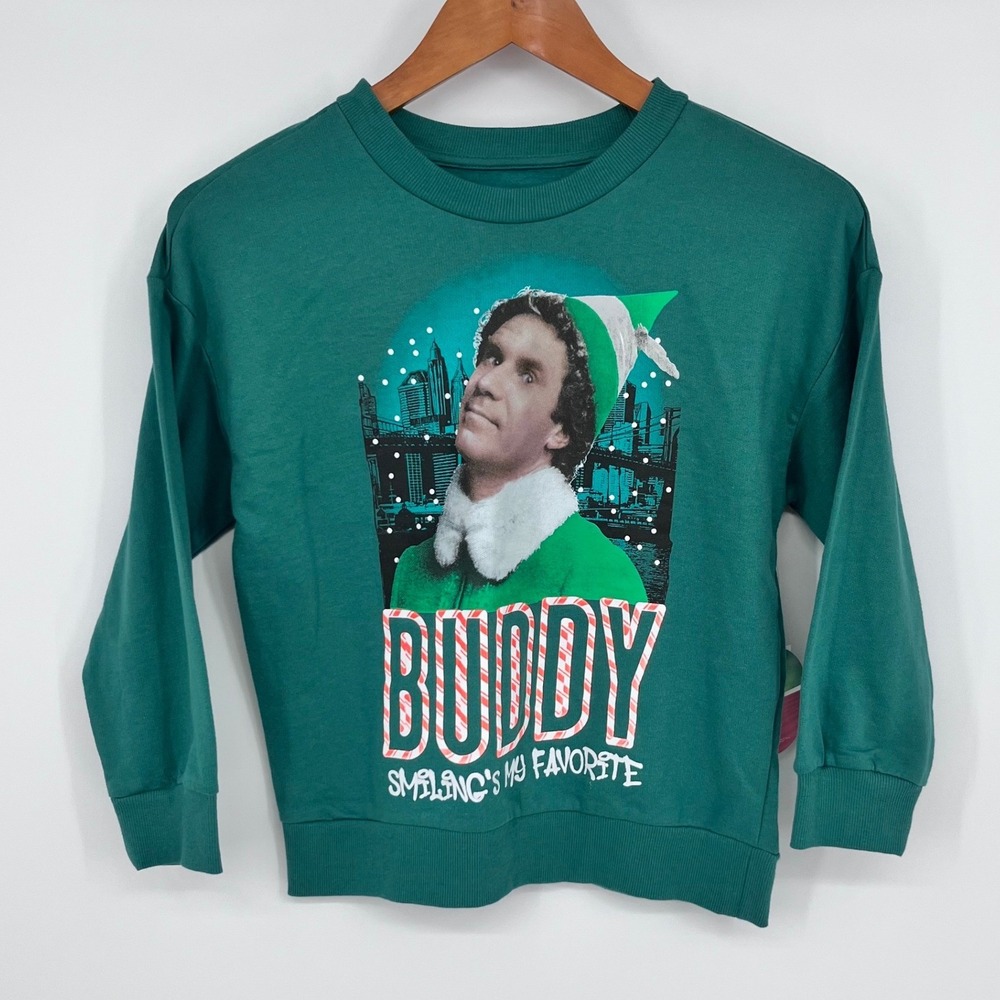 Elf Pullover Sweatshirt Kids M 8 Green Buddy Graphic Smiling's My Favorite
